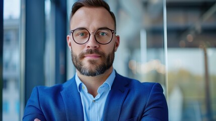 Fototapeta premium Confident businessman with beard wearing glasses posing in modern office environment with bright natural lighting