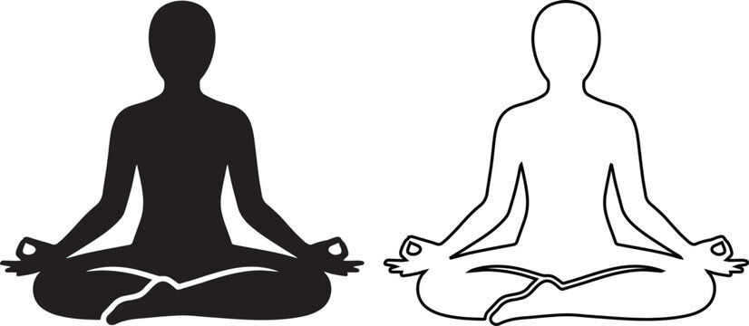 Minimalist vector illustration of a person in yoga lotus position available in solid black silhouette and line art styles for meditation wellness and spiritual health concepts.