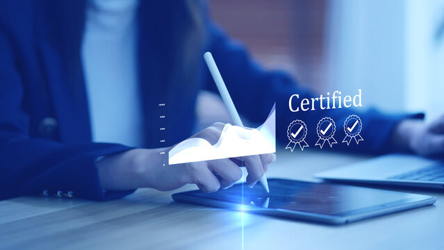 Certified financial investment and business growth strategy. Digital stock market data analysis, approved quality management, smart wealth planning, and successful corporate economic profit concept.