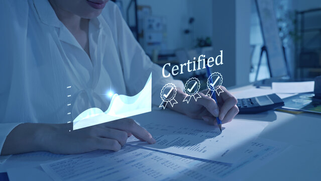 Certified financial investment and business growth strategy. Digital stock market data analysis, approved quality management, smart wealth planning, and successful corporate economic profit concept.