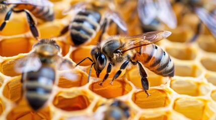 Naklejka premium Close-up of Bees Collecting Nectar on Honeycomb Cells in a Natural Beehive Setting