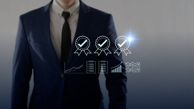 Certified business investment and financial growth strategy. Digital data analysis chart, approved corporate quality assurance management, smart economic planning, and successful stock market concept.