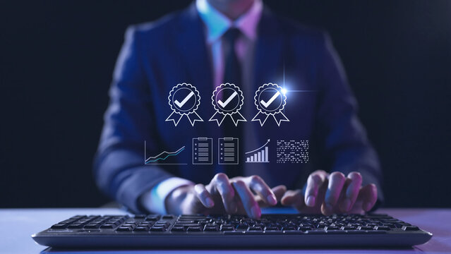 Certified business investment and financial growth strategy. Digital data analysis chart, approved corporate quality assurance management, smart economic planning, and successful stock market concept.