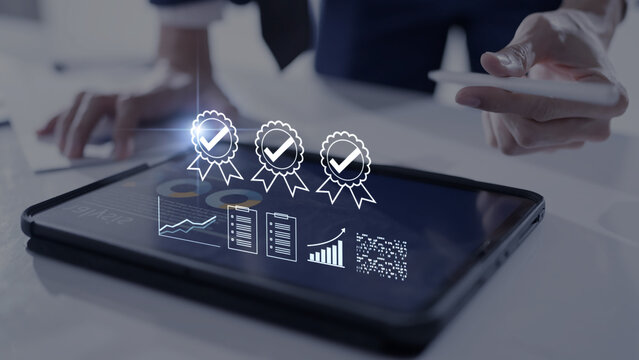 Certified business investment and financial growth strategy. Digital data analysis chart, approved corporate quality assurance management, smart economic planning, and successful stock market concept.