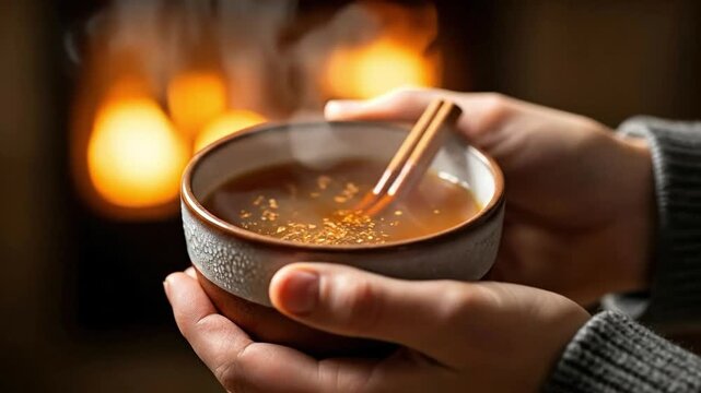 Woman holding warm bowl of spiced apple cider by a cozy fireplace in winter