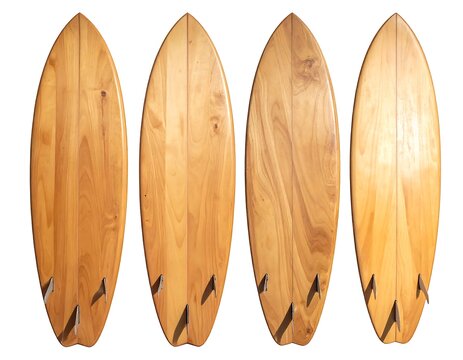 Four wooden surfboards with pointed noses and rounded tails