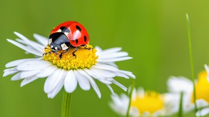 Obraz premium Close-Up of Vibrant Ladybug Crawling on Beautiful White Flower Petals with Fresh Green Background