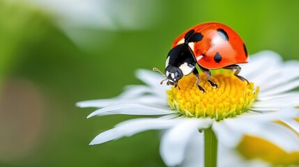 Obraz premium Close-Up of a Vibrant Red Ladybug Resting on a Bright White Daisy Flower in a Lush Green Garden Environment
