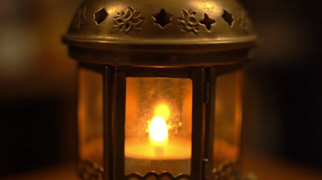 Brass Lantern Glowing Softly Close Up Vintage Light Source