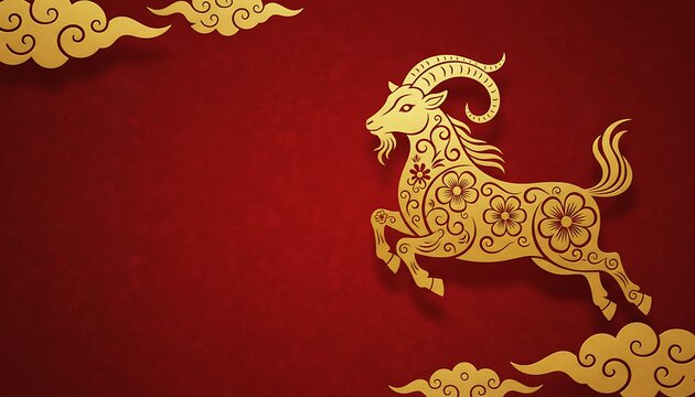 luxury red and gold chinese horse new year background, The goat is adorned with intricate golden patterns. a dynamic pose against a vibrant red background. Chinese Lunar New Year (Year of the Goat 202