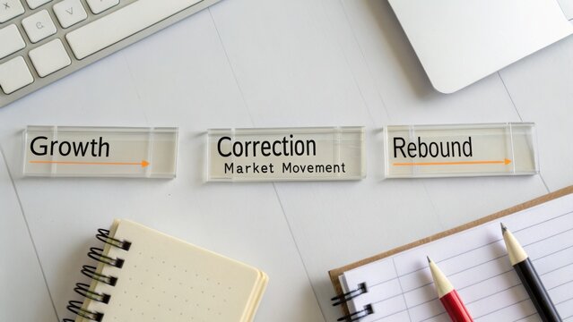 Growth Correction and Rebound in Market Movement with Office Supplies on Table Top for Financial Analysis and Strategy