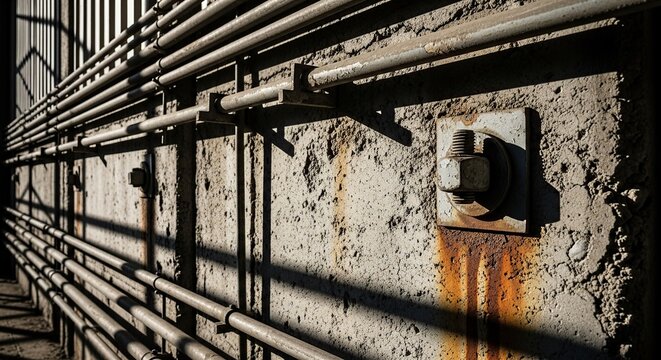 Industrial pipes and weathered wall with shadows and textures.
