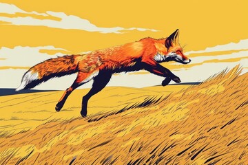 Fototapeta premium Red furry fox in a jump for prey in a dry yellow field in the style of graphic novel cartoon animal mammal.