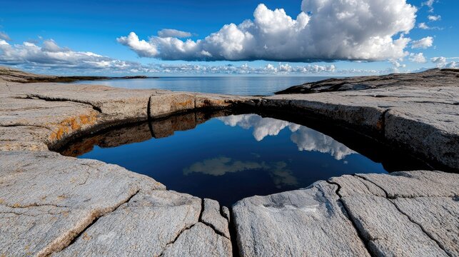Calm Blue Ocean Water Reflecting White Clouds Under a Bright Sunny Sky with Rocky Coastal Tide Pools and Flat Rock Patterns in Natural Sunlight