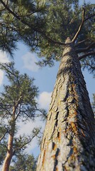 Fototapeta premium Majestic pine tree reaching high into a beautiful blue sky with clouds