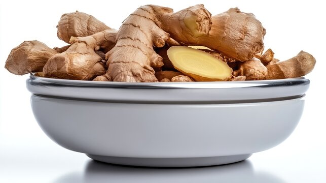 Vibrant ginger rhizomes presented in a pristine white bowl close up