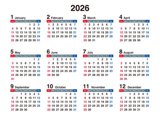 This is a full year 2026 calendar showing all twelve months in a clean, grid format. Weekends are highlighted in red for easy date tracking. © Lily