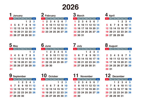 This is a full year 2026 calendar showing all twelve months in a clean, grid format. Weekends are highlighted in red for easy date tracking.