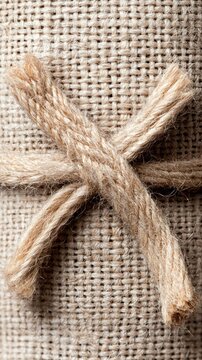 Close up of a textured light tan burlap fabric surface with a rustic thick rope tied in a knot providing a natural organic background for design and copy