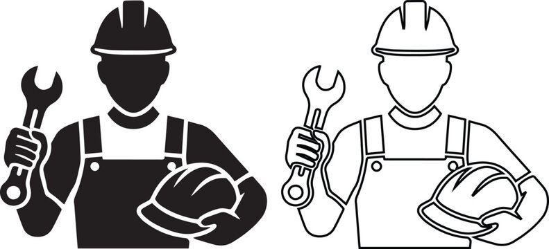 minimalist vector set featuring a construction worker holding a wrench and a safety hard hat, shown in solid black silhouette and line art outline for repair services.