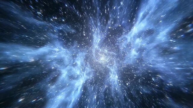 Seamless loop of flying through a glowing blue sci-fi wormhole tunnel, high-speed motion blur, warp speed hyperspace journey background.