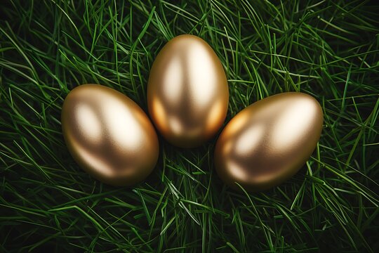 Three shiny golden eggs resting perfectly on vibrant green grass