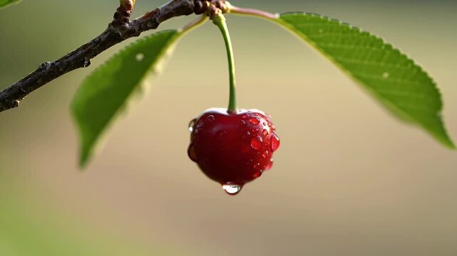 A single ripe cherry with water droplets hangs from a branch