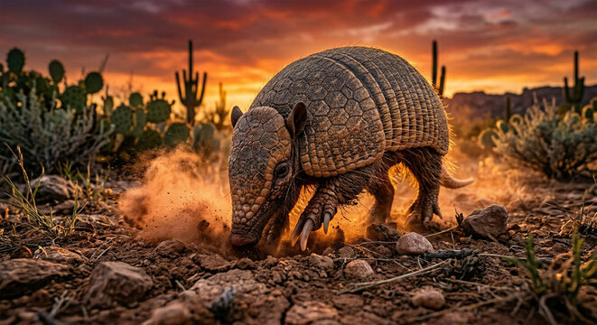 A hyper-realistic, low-angle shot of a Nine-banded Armadillo scurrying through a dusty Texas landscape at sunset. Its nose is buried in the dry earth, kicking up a small cloud of backlit dust.