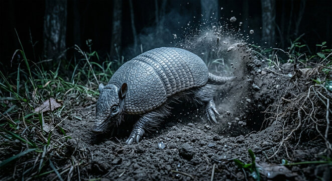 &nbsp;A moody, cinematic wildlife photograph of an armadillo digging a burrow at night. The scene is lit by a cool, silvery moonlight. Dirt is flying through the air, frozen by a fast shutter speed.