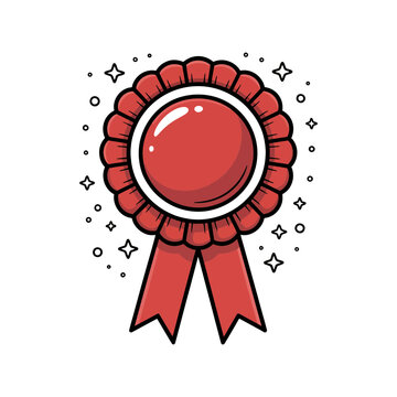 A red rosette award ribbon icon with a shiny circular center