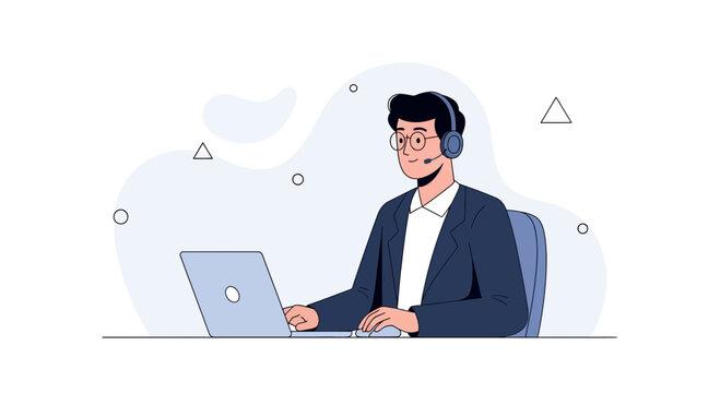 Customer service agent with headset and laptop, online support, flat illustration