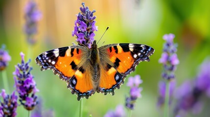 Naklejka premium Colorful Butterfly Sitting on Lavender Flowers in Bright Nature Setting, Showcasing Vibrant Colors and Delicate Beauty