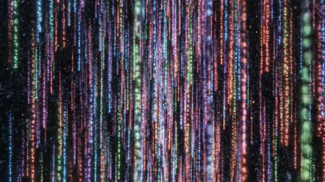 Colorful Binary Code Digital Abstract Background with Glowing Lines, Futuristic Technology Data Stream, Vertical Pattern, Vibrant Illuminated Energetic Visual Effect, Modern Creative Artistic Neon