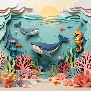 Cute Paper Cut Whales and Seahorses Underwater Coral Scene Nursery Illustration for Kids and Baby Decor