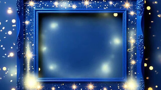 Blue christmas frame with glowing stars and snowflakes creates a magic winter night sky design for a holiday card illustration