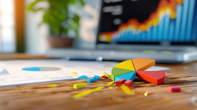 Colorful Pie Chart with Scatter Pieces on Desk Near Laptop and Graphical Data Display