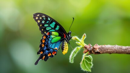 Obraz premium Vibrant Butterfly with Colorful Wings Perched on Green Leaf Against Soft Natural Background