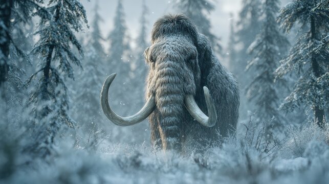 Majestic woolly mammoth standing in a snowy pine forest