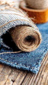 Close Up Of Rolled Denim Fabric With Twine In Center Soft Texture And Blue Color On Wooden Table Natural Lighting