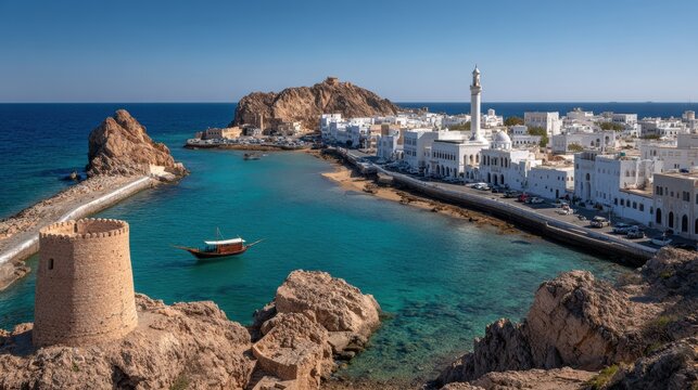 Scenic view of muttrah corniche and harbor in muscat, oman