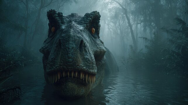 A massive tyrannosaurus rex emerging from a misty, dark swamp forest