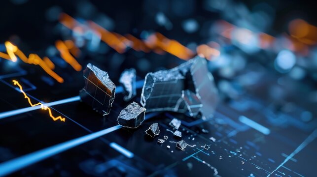 Digital Concept of Market Crash with Fragmented Data and Falling Charts in Financial Background