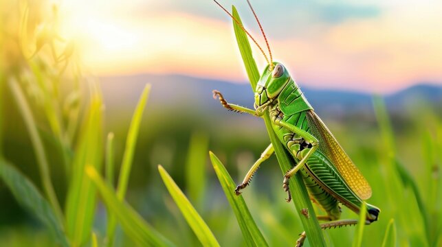 Vibrant Green Grasshopper Perched on Blade of Grass Against a Soft Sunset Background