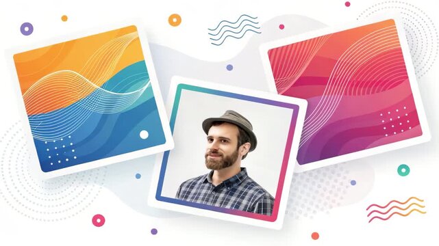 Man with Hat Posed with Geometric Shapes and Waves Background