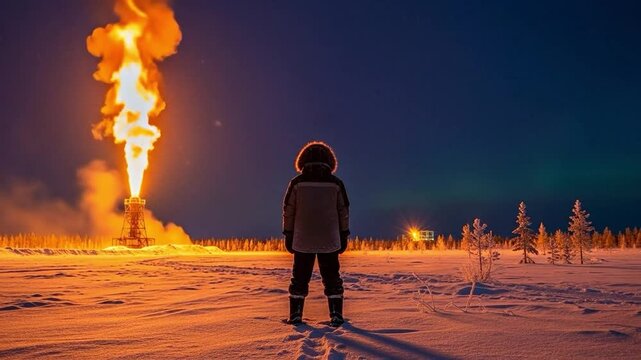 Indigenous person in winter parka watching gas flare in arctic tundra at night