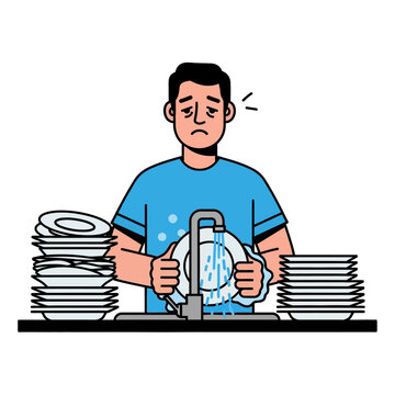 Tired Man Washing Dishes, Stacked Plates, Kitchen Chore, Household Task