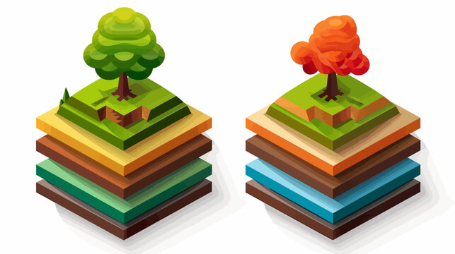 Isometric views of voxelized trees atop layered terrain blocks, isolated on white