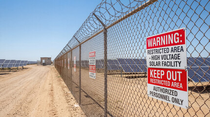 Fototapeta premium High Voltage Solar Facility Restricted Area Sign on Chain Link Fence with Barbed Wire at a Large Industrial Renewable Energy Power Plant Site in a Sunny Desert Landscape for Security and Safety