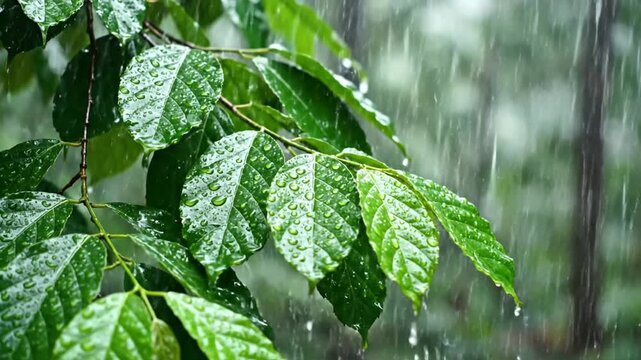 Raindrops fall on vibrant green leaves in a lush forest during a stormy weather event.