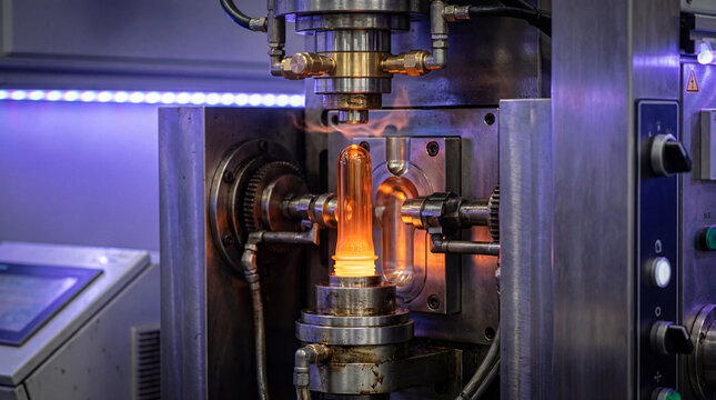 Close-up of a heated PET preform in an advanced blow molding machine, ready for plastic bottle manufacturing